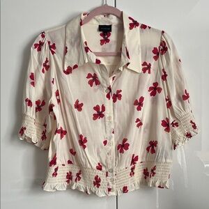 WHO WHAT WEAR NWOT Cream and Red Floral Cotton Blouse, Size L